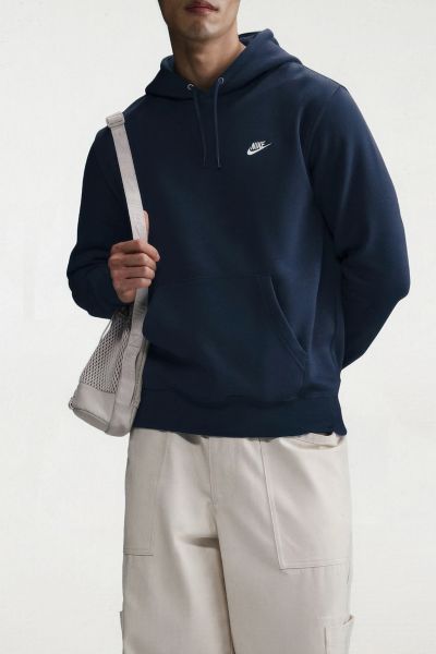 Nike Club Logo Fleece Pullover Hoodie Sweatshirt In Obsidian, Men's At Urban Outfitters In Blue
