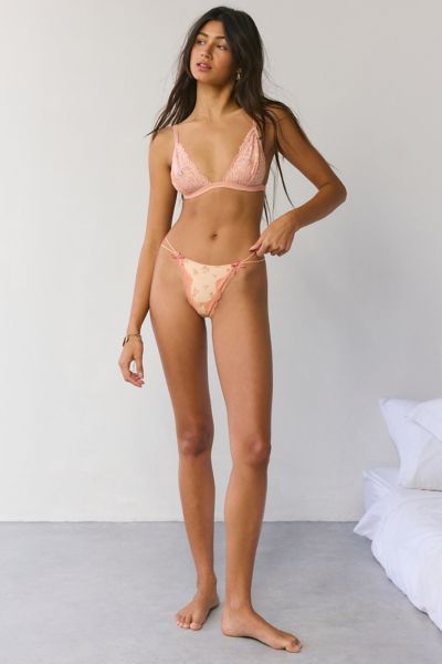 Shop Out From Under Mia Strappy Lace-trim Thong In Birdy Ditsy Peach, Women's At Urban Outfitters