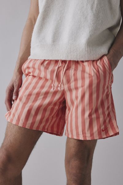NIKE UNLIMITED STRIPE PATTERN 7" SHORT IN PICANTE RED/APRICOT STRIPE, MEN'S AT URBAN OUTFITTERS 