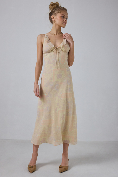 Kimchi Blue Scarlet Ruffle Trim Midi Dress In Floral, Women's At Urban Outfitters In Brown