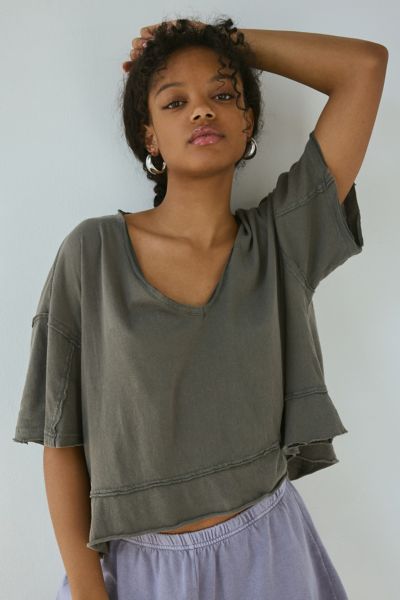 OUT FROM UNDER REBEL RAW-EDGE OVERSIZED TEE IN CHARCOAL, WOMEN'S AT URBAN OUTFITTERS 