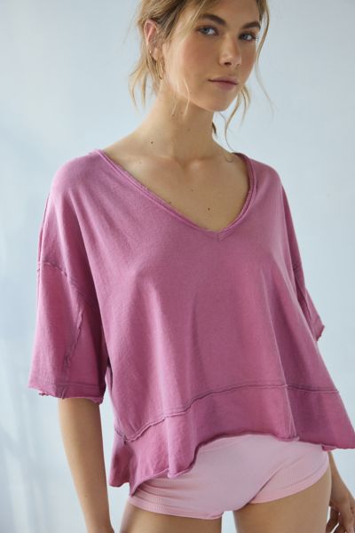 OUT FROM UNDER REBEL RAW-EDGE OVERSIZED TEE IN BERRY, WOMEN'S AT URBAN OUTFITTERS 