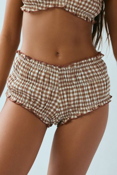 OUT FROM UNDER ALIX SCRUNCHIE RUFFLE BLOOMER SHORTIE IN BROWN GINGHAM, WOMEN'S AT URBAN OUTFITTERS 