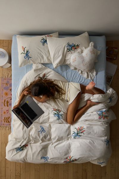Urban Outfitters A Bouquet For You Floral Embroidered Duvet Cover In White At