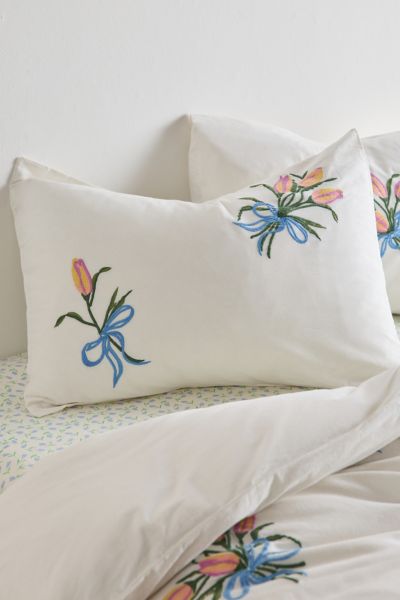 Urban Outfitters A Bouquet For You Floral Embroidered Sham Set In White At