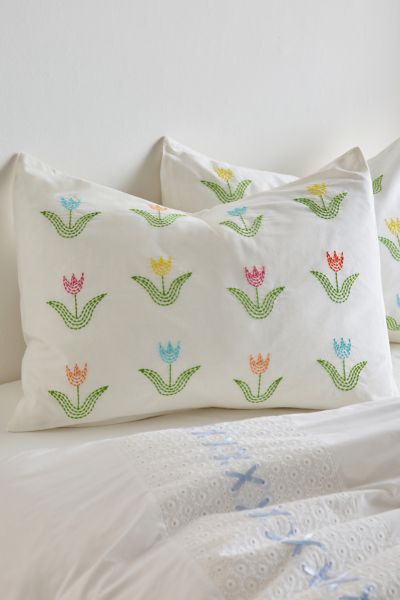 Urban Outfitters Tulip Icon Embroidered Sham Set In White At