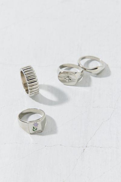 Urban Outfitters Forget Me Not 4-piece Signet Ring Set In Silver, Women's At  In Silver