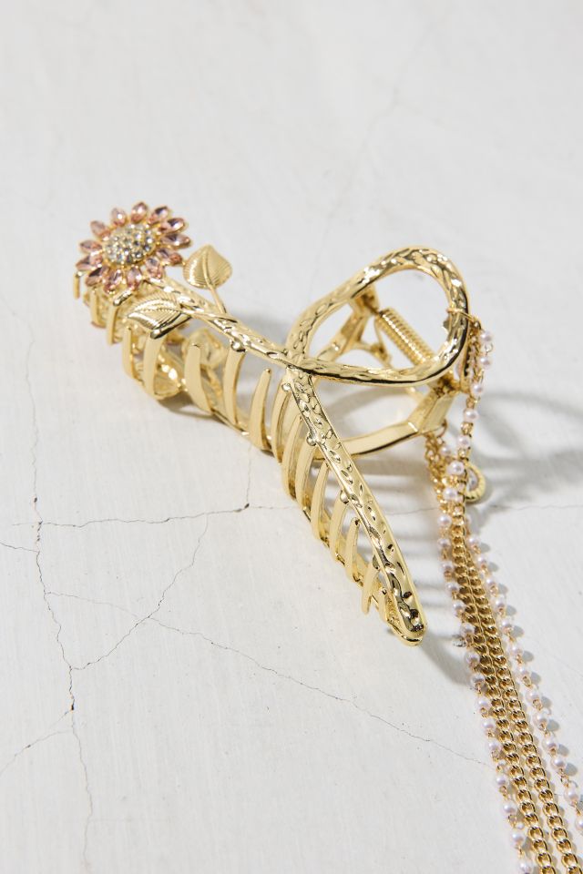 Gem Sunflower Pearl Chain Dangle Claw Clip #1