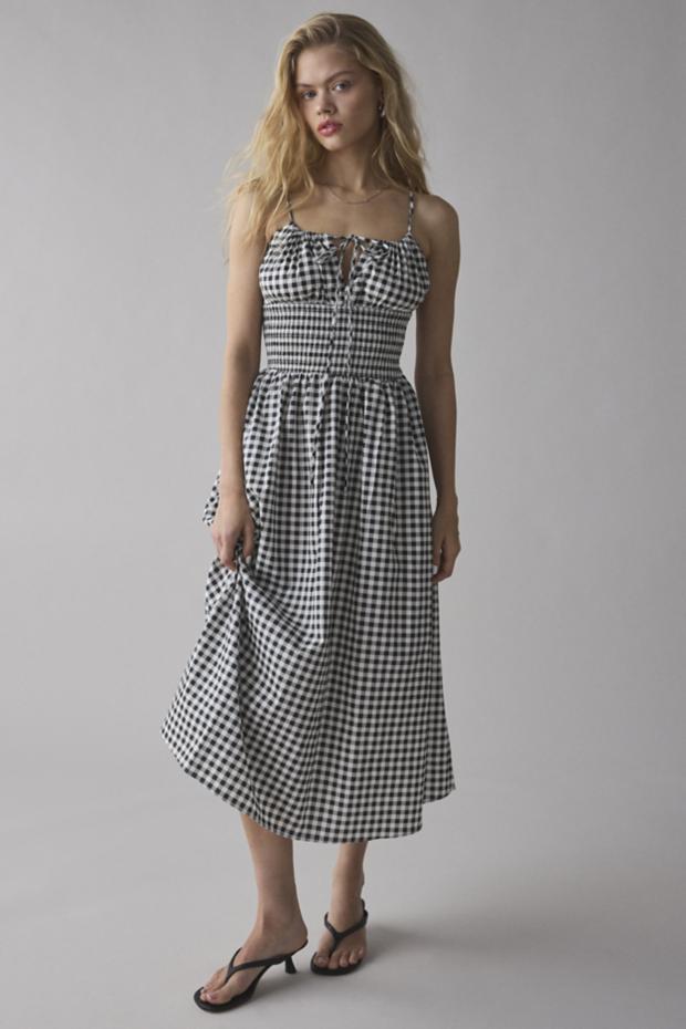 Glamorous Gingham Tie-Front Smocked Midi Dress