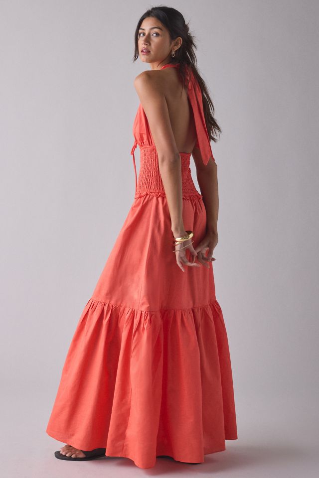 Glamorous Coral Plunge Halter Drop Waist Tiered Maxi Dress #1