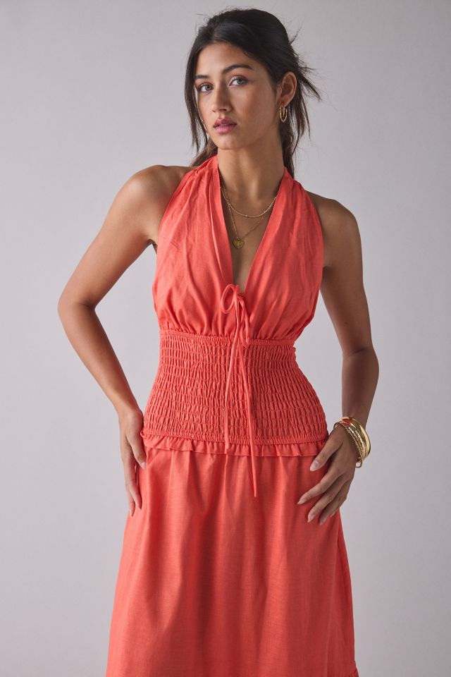 Glamorous Coral Plunge Halter Drop Waist Tiered Maxi Dress #2