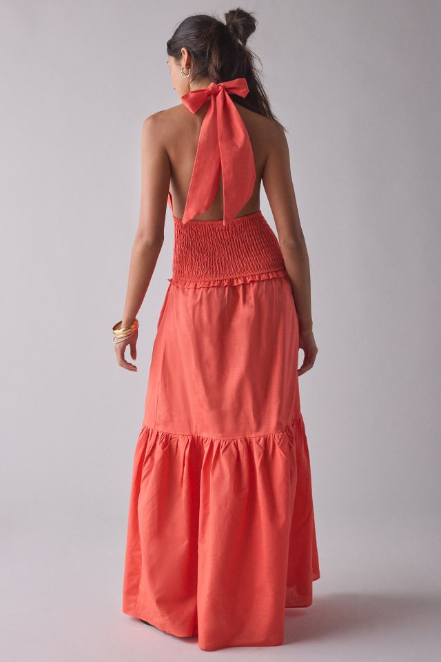 Glamorous Coral Plunge Halter Drop Waist Tiered Maxi Dress #3