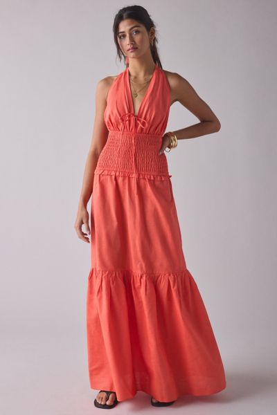 Glamorous Coral Plunge Halter Drop Waist Tiered Maxi Dress