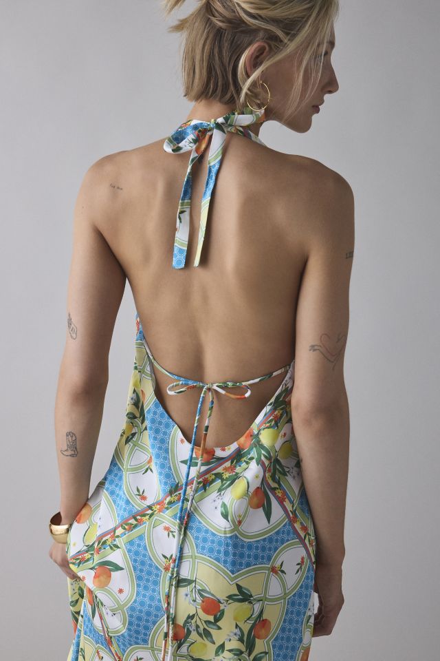 Glamorous Tropical Scarf Print Satin Halter Slip Midi Dress #1