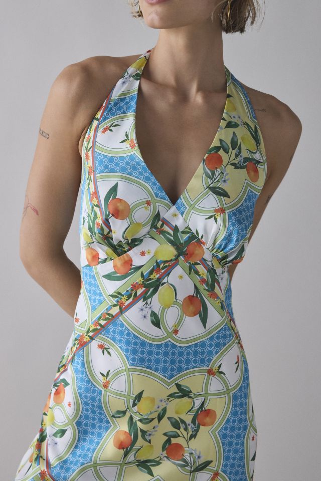 Glamorous Tropical Scarf Print Satin Halter Slip Midi Dress #2