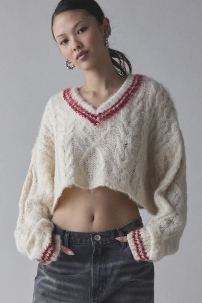 The Ragged Priest Load Cable Knit Cropped Sweater In Ecru, Women's At Urban Outfitters In Ecru