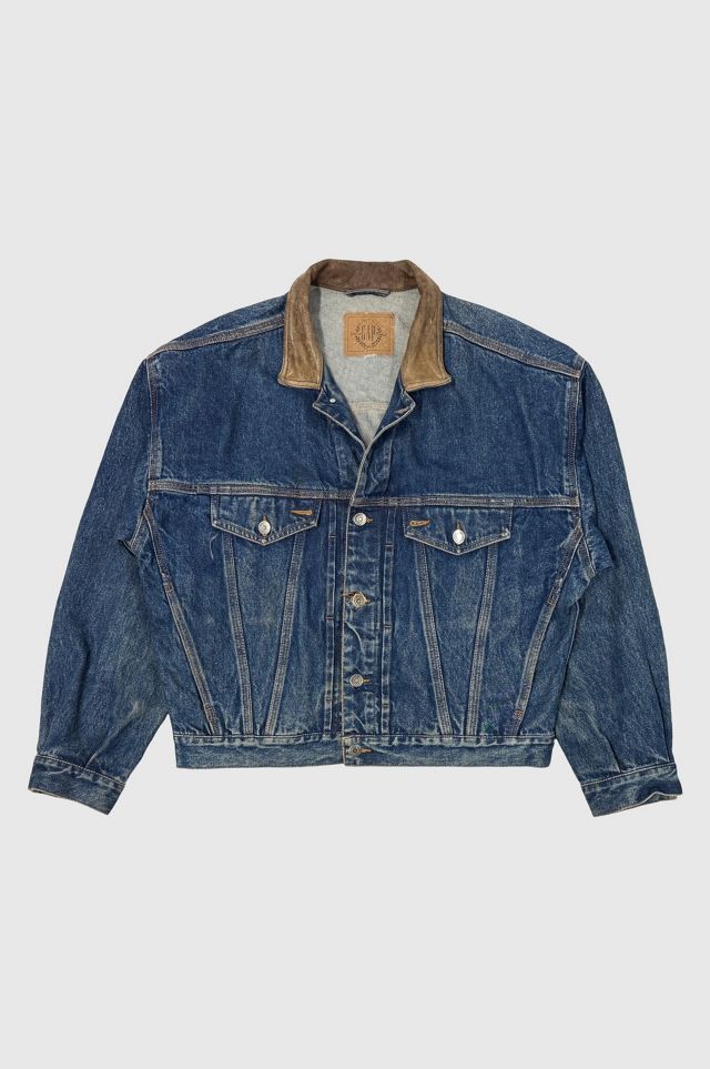 Vintage 1980's Gap Leather Collar Denim Trucker Jacket | Urban