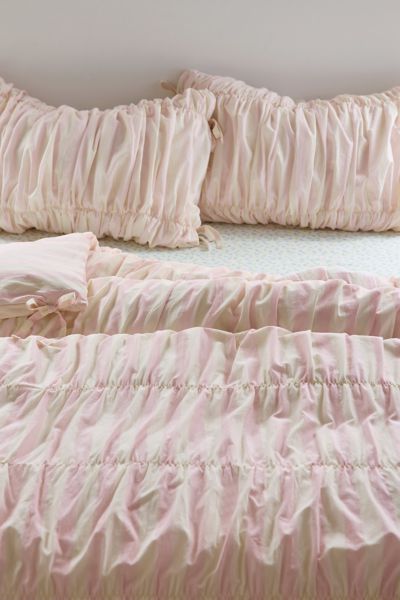 Urban Outfitters Printed Cinched Core Duvet Cover In Pink Awning Stripe At