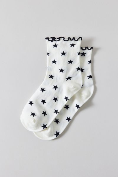 Urban Outfitters Heart Allover Print Lettuce Edge Crew Sock In White/black, Women's At  In Black