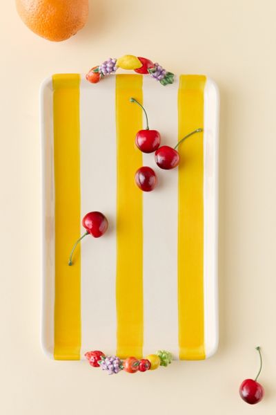 Tropical Striped Fruit Handle Ceramic Serving Tray