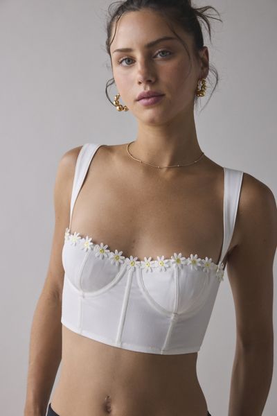 Out From Under Gillian Daisy Applique Corset Bra Top In White, Women's At Urban Outfitters In White