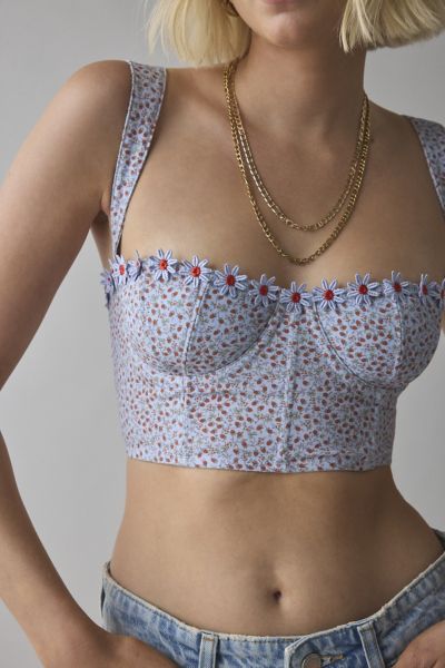 Out From Under Gillian Daisy Applique Corset Bra Top In Blue, Women's At Urban Outfitters In Blue