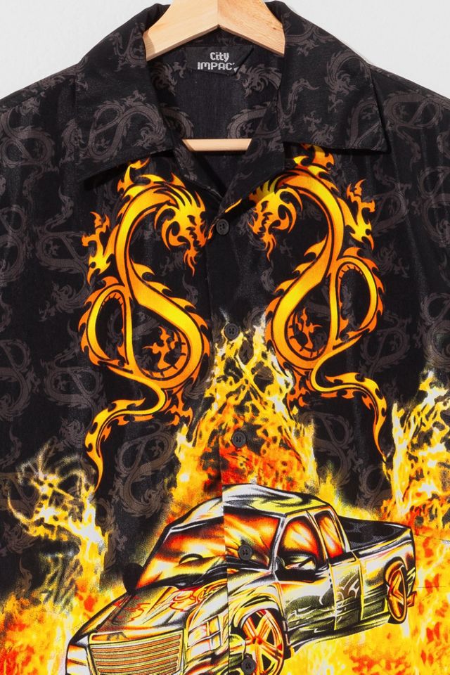 Vintage Y2K Truck Flame Graphic Button Up Short Sleeve Shirt Urban
