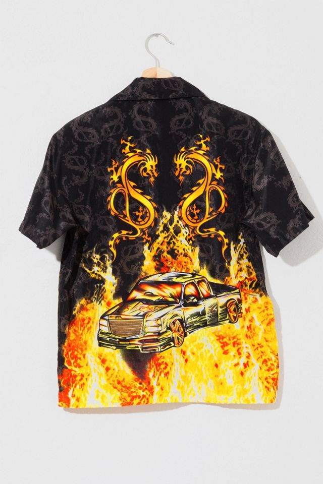 Vintage Y2K Truck Flame Graphic Button Up Short Sleeve Shirt Urban
