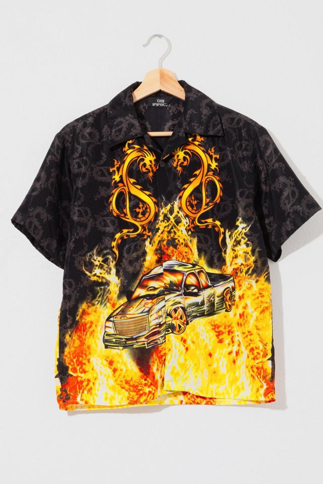 Vintage Y2K Truck Flame Graphic Button Up Short Sleeve Shirt Urban