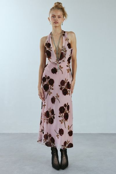 for love & lemons rose velvet halter maxi dress