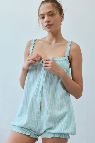 OUT FROM UNDER HARLOWE RUFFLE BLOOMER ROMPER IN BLUE STRIPE, WOMEN'S AT URBAN OUTFITTERS 