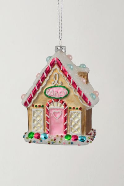 Glittered Gingerbread House Glass Christmas Ornament