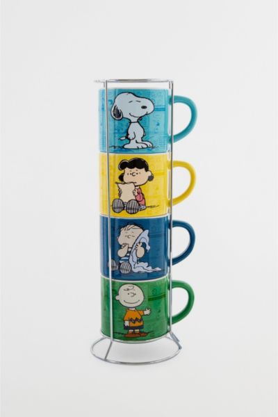 Urban Outfitters Peanuts Characters Ceramic Stacking Mug Set With Rack In Blue At