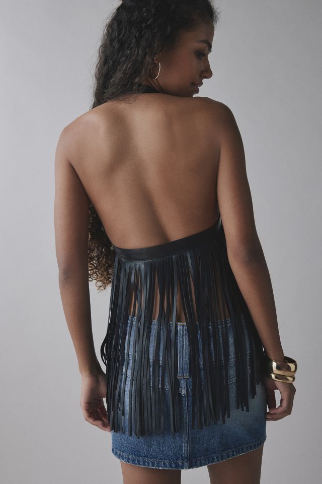 UO Gabriette Fringe Tie-Front Faux Leather Halter Top #3