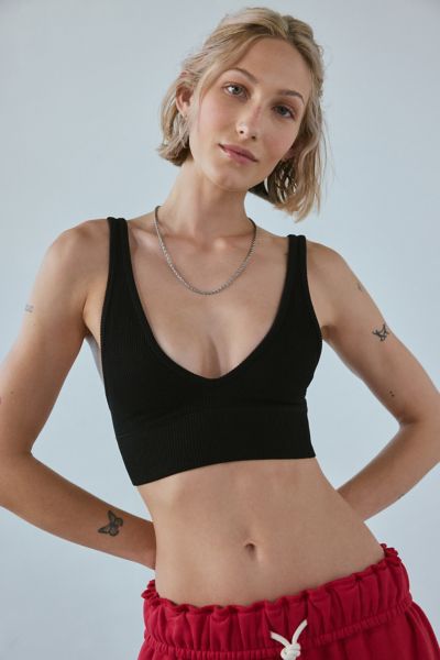 Out From Under Corinne Seamless Knit V-neck Bralette In Black, Women's At Urban Outfitters In Black