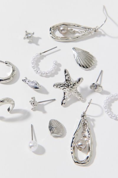 Urban Outfitters Sorrento Shells Pearl Post & Hoop Earring Set In Silver, Women's At
