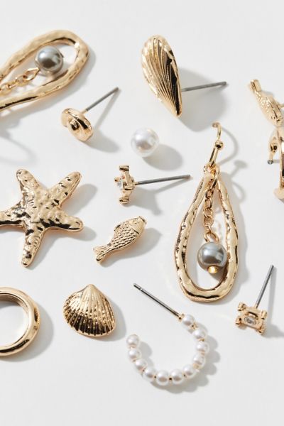 Urban Outfitters Sorrento Shells Pearl Post & Hoop Earring Set In Gold, Women's At  In Gold
