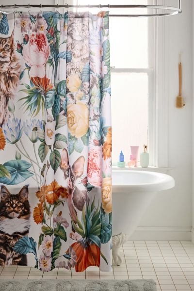 DENY DESIGNS BURCU KORKMAZYUREK FOR DENY CAT AND FLORAL PATTERN SHOWER CURTAIN IN ASSORTED AT URBAN OUTFITTERS 