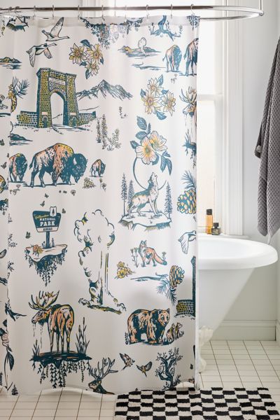DENY DESIGNS THE WHISKEY GINGER FOR DENY YELLOWSTONE NATIONAL PARK TRAVEL PATTERN SHOWER CURTAIN IN BLACK/WHITE A 