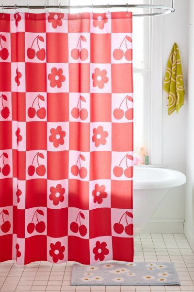 Deny Designs Thespacehouse For Deny Cherry Flowers Pink & Red Checker Shower Curtain In Red At Urban Outfitters In Red