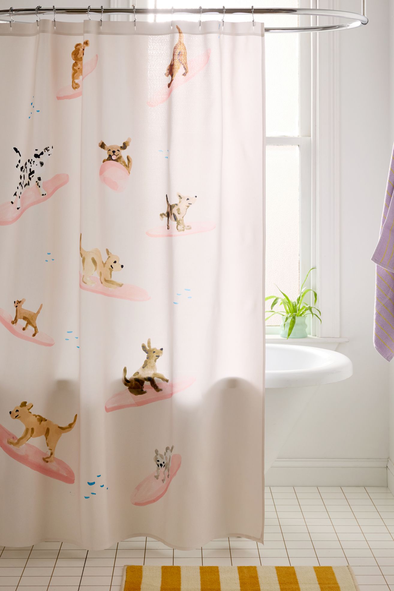 Sabina Fenn Illustration Dogs Surfing Shower Curtain - Cream, ONE SIZE