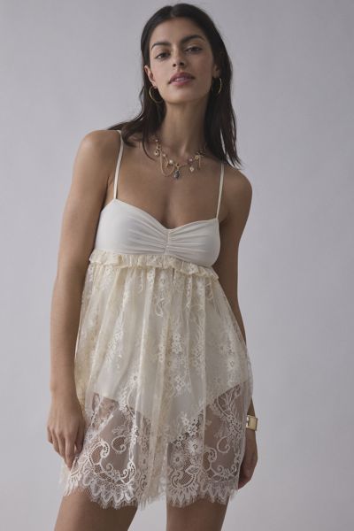 Shop Afrm Aria Sheer Lace Babydoll Mini Dress In Birch, Women's At Urban Outfitters