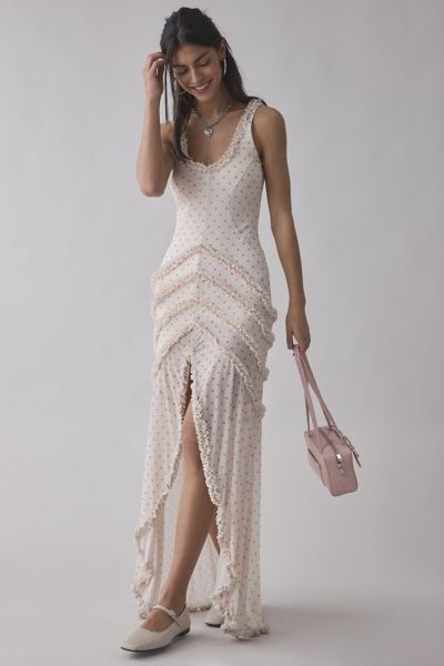 AFRM Landa Polka Dot Mesh Ruffle-Trim Maxi Dress