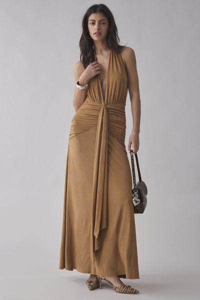 AFRM Heidi Ruched Plunge Halter Maxi Dress