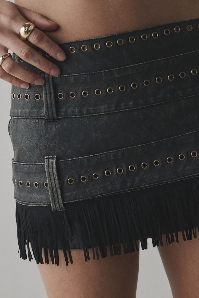 Jaded London Odile Faux Leather Belted Fringe Micro Skirt