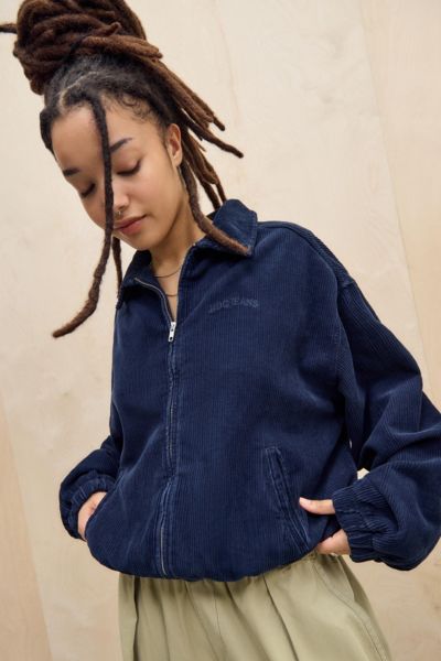BDG SHRUNKEN CORDUROY HARRINGTON JACKET IN NAVY, WOMEN'S AT URBAN OUTFITTERS 