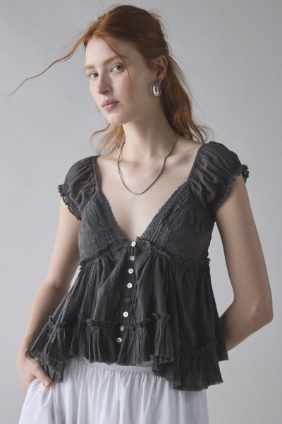 Kimchi Blue Izzy Lace Trim Button-Front Babydoll Blouse