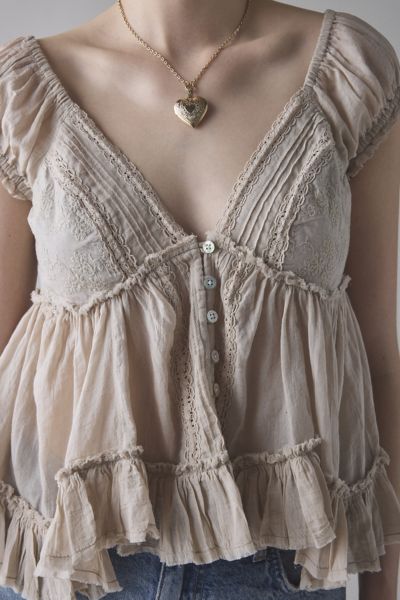 Kimchi Blue Izzy Lace Trim Button-Front Babydoll Blouse