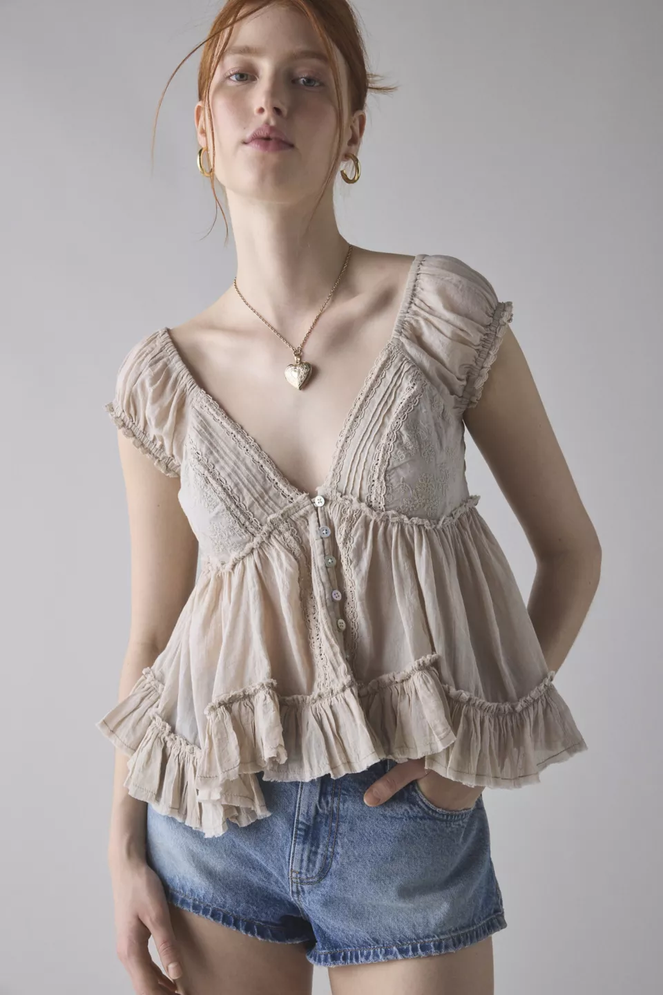 Kimchi Blue Izzy Lace Trim Button-Front Babydoll Blouse