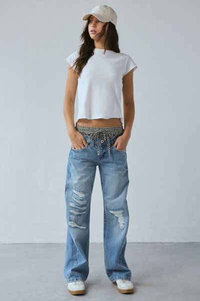 BDG KAYLA BOXER WAISTBAND LOW-RISE JEAN IN BLUE, WOMEN'S AT URBAN OUTFITTERS 